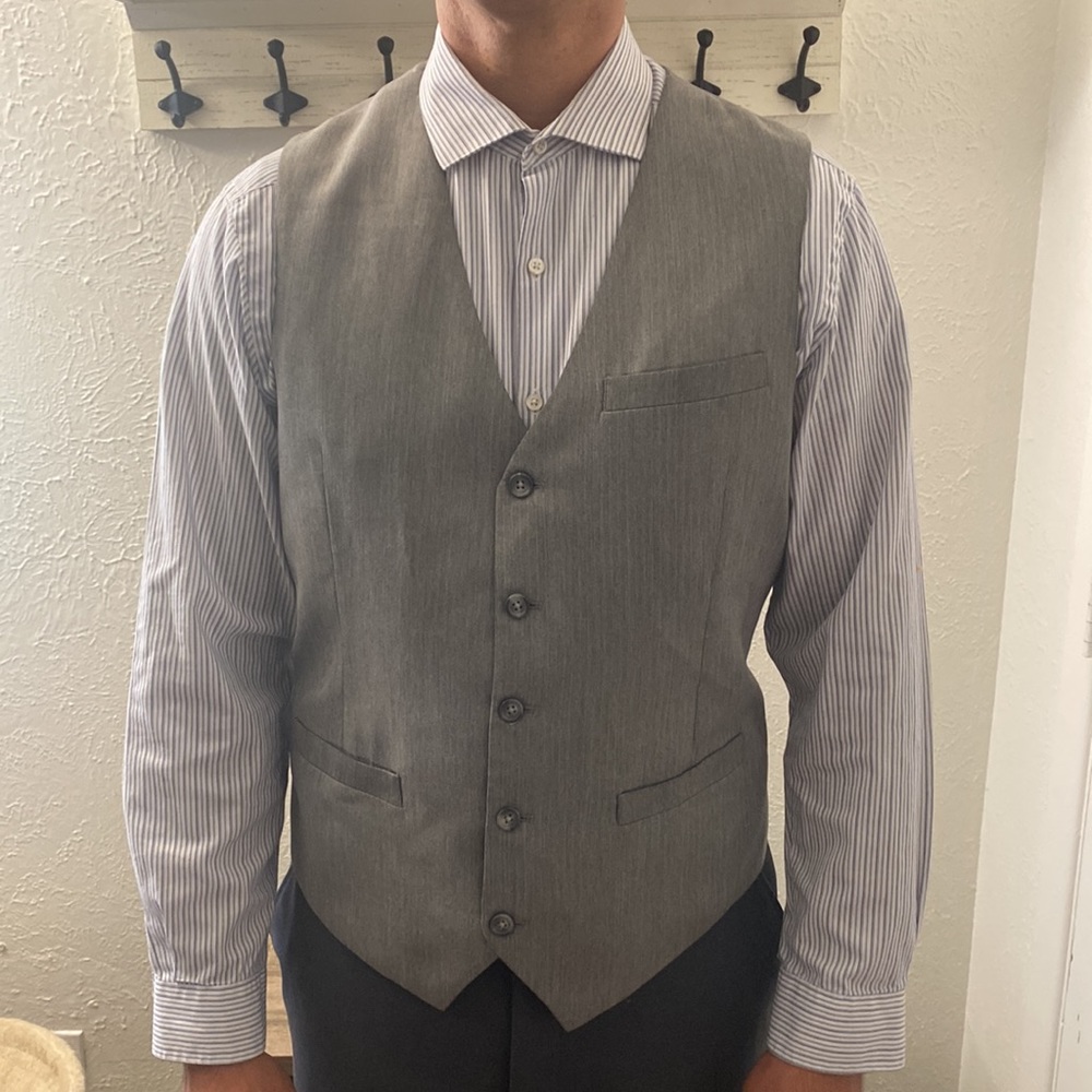 Perry Ellis Gray Formal Large Vest Suit w/ Silver Lining